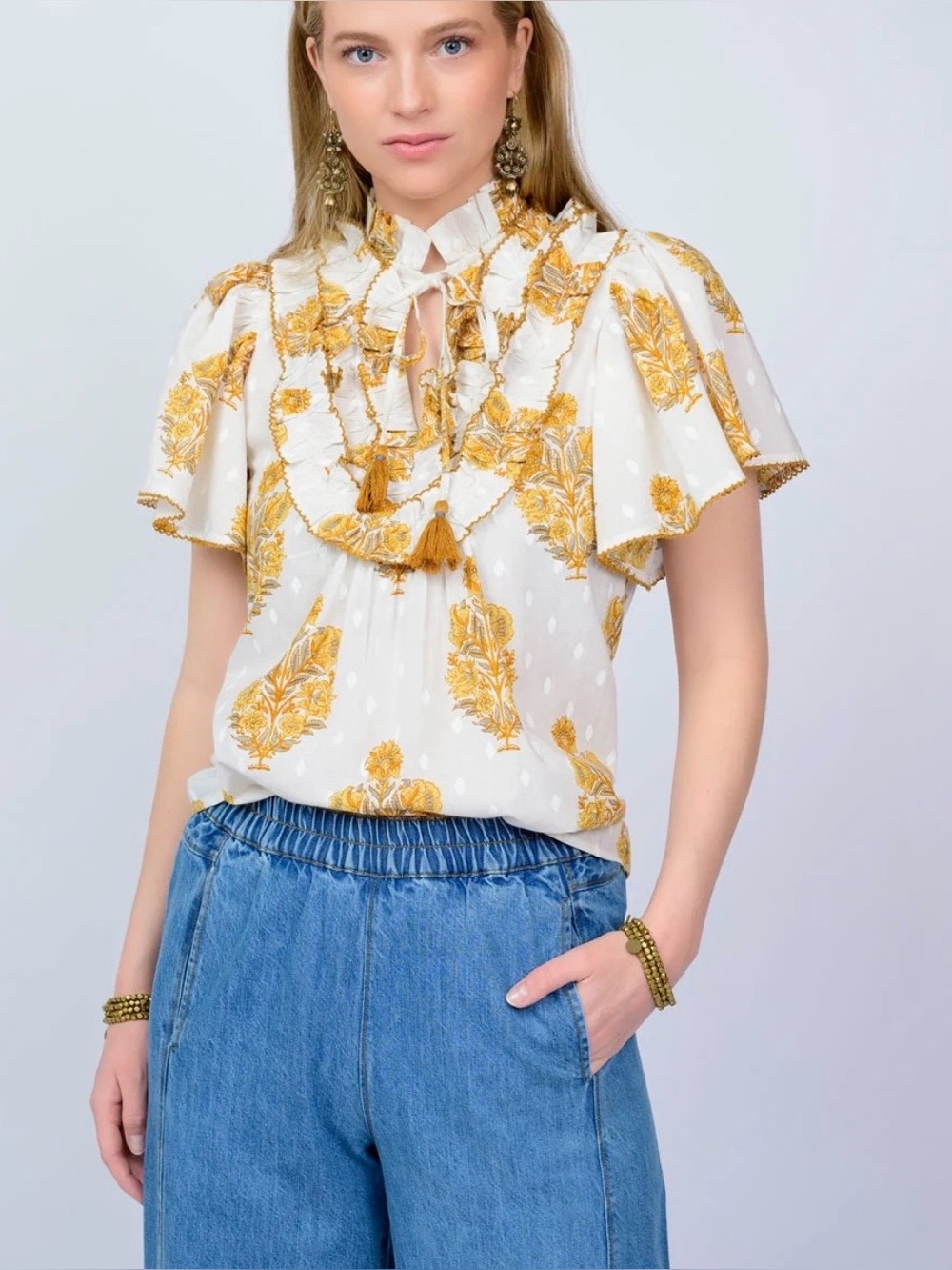 IVY JANE Ruffle Top Blouse Short Sleeve Cotton White Block Print Size XL